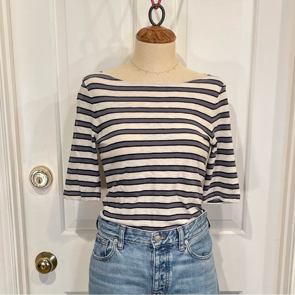 J. Crew Navy and White Striped Long Sleeve Boatneck Top